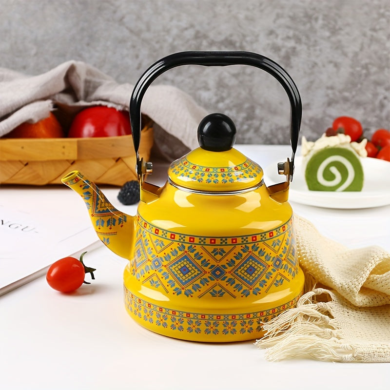 Enamel Electric Kettle 1.1L Geometric Print Memory Flower Design for Tea Coffee