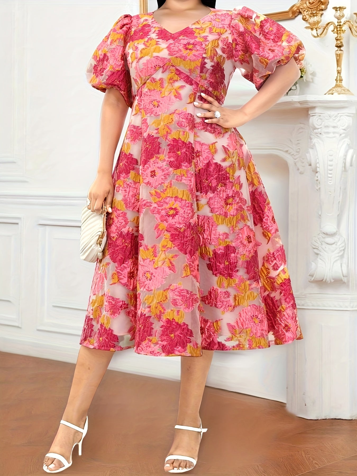 Women's Bohemian Floral Midi Dress V-Neck Puff Sleeve Party Wedding