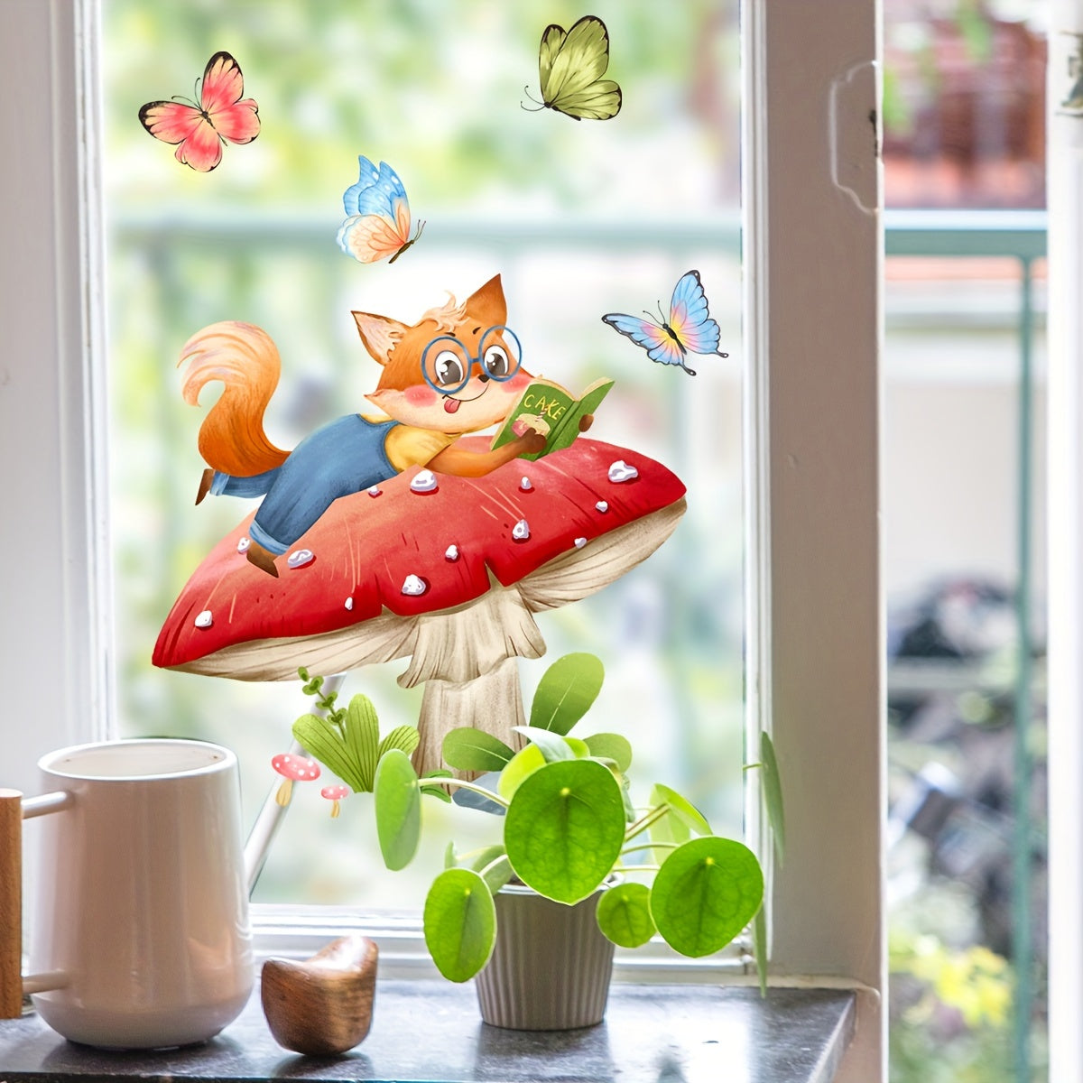 Double-Sided Window Clings Fox and Mushroom Butterfly Decor for Home