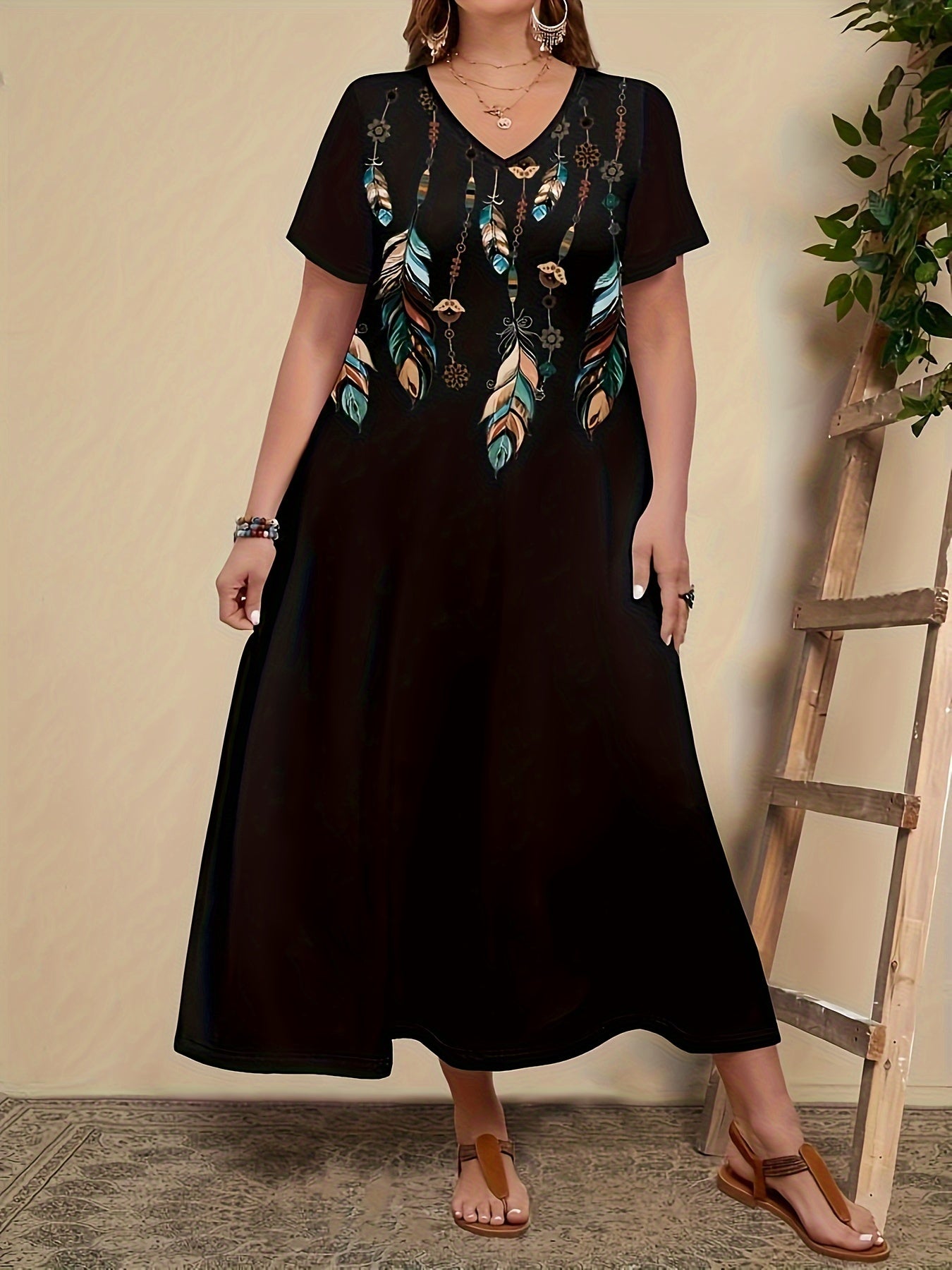 Plus Size V-Neck Tunic Dress with Elegant Print and Slight Stretch Knit Fabric