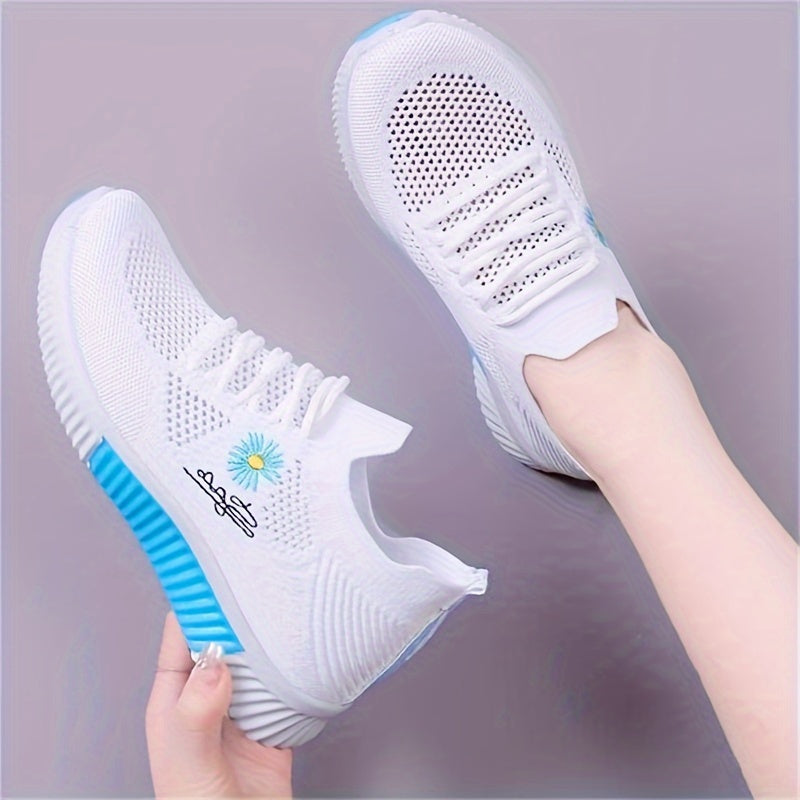 Women's Fabric Platform Sneakers with Flower Pattern Casual Lace-Up Low Top All-Season