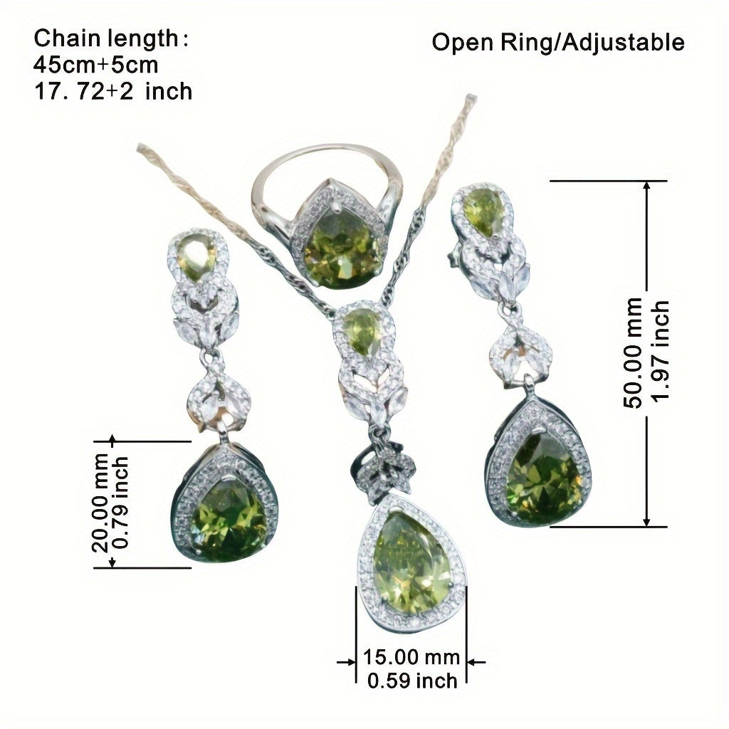 Olive Green Zirconia Jewelry Set for Women with Necklace Earrings Bracelet and Adjustable Ring