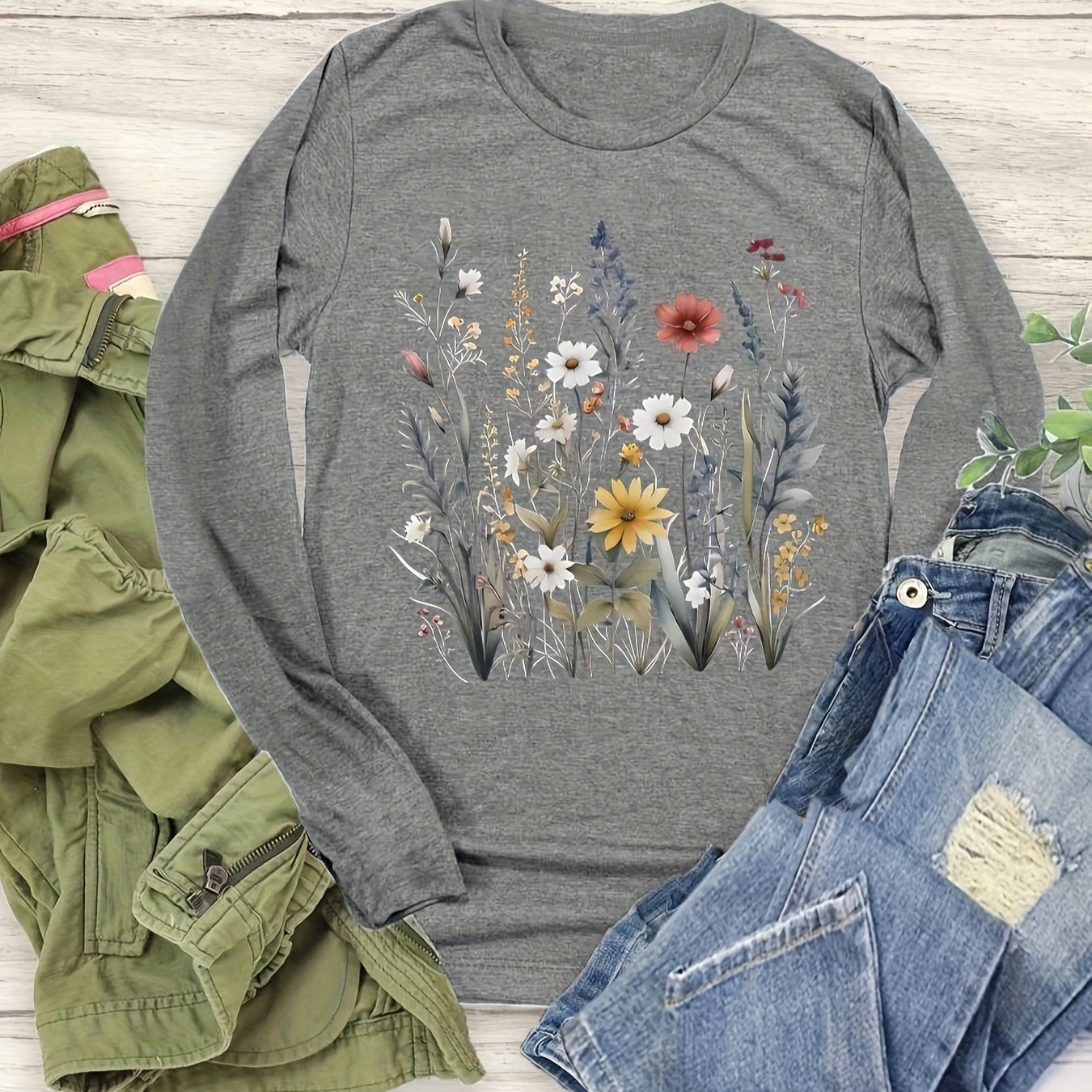 Women's Plus Size Floral Print Long Sleeve T-Shirt for Spring Fall