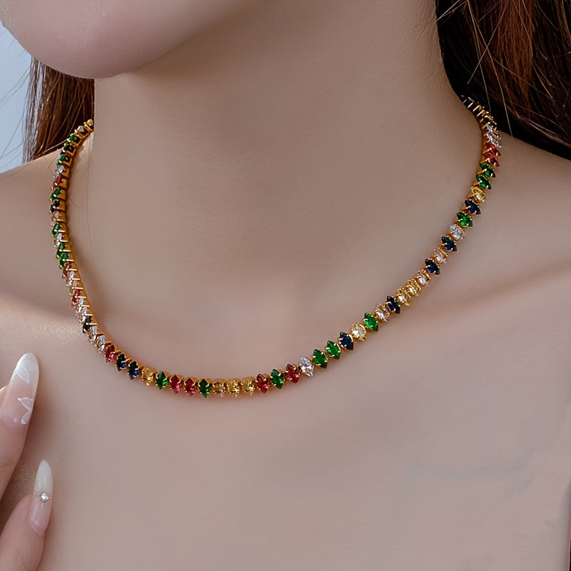 Women’s Boho Zirconia Necklace Vintage Gold Plated Collarbone Chain Colorful Jewelry
