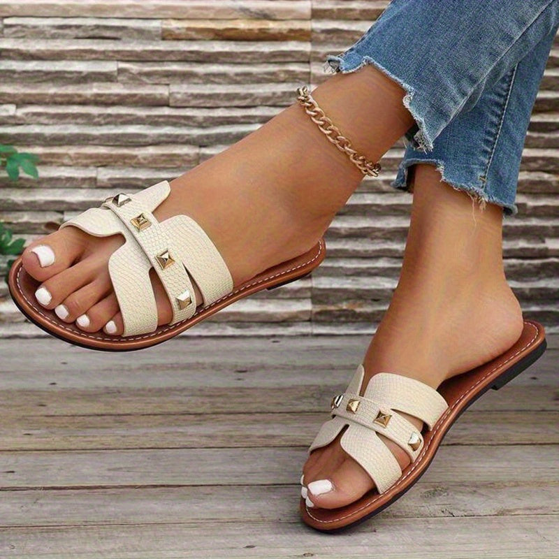 Women's Flat Sandals with Stud Detail and Bow Accent Open-Toe Casual Shoes