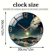 12 Inch Round Glass Wall Clock Earth Landscape Silent Battery Operated Modern Decor