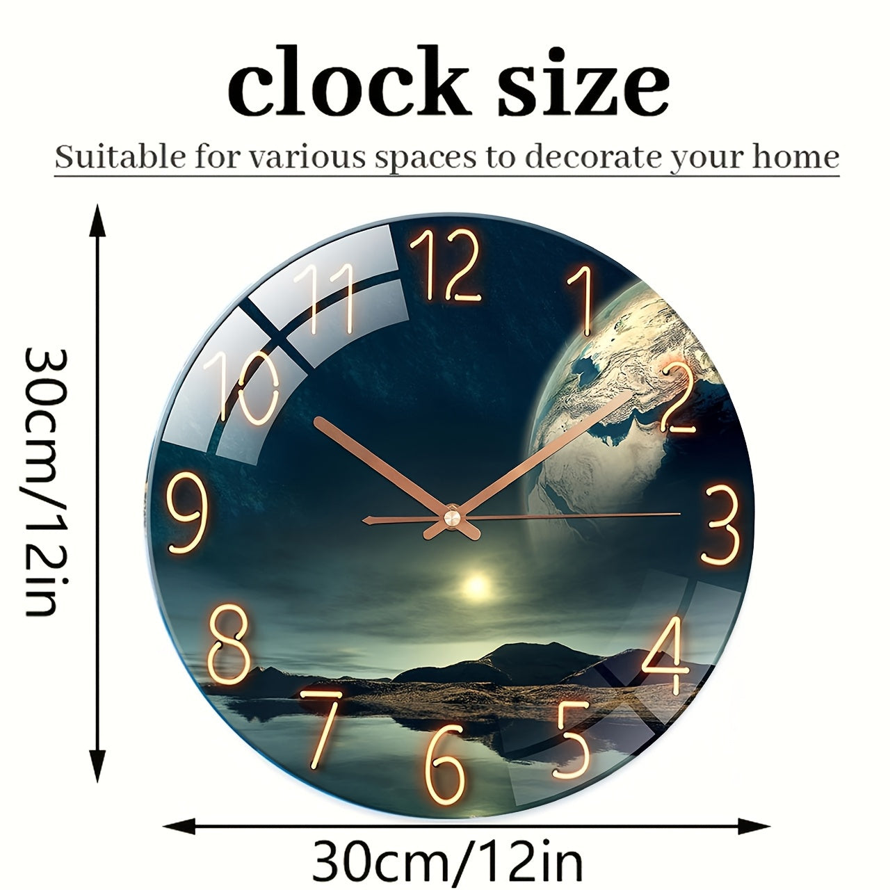 12 Inch Round Glass Wall Clock Earth Landscape Silent Battery Operated Modern Decor