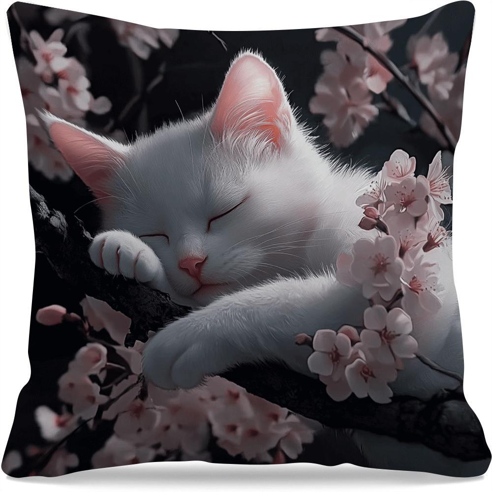 White Cat and Cherry Blossom Cushion Cover 45cm Machine Washable Sofa Bedroom Decor