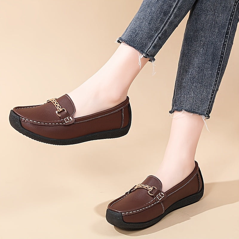 Women's Faux Leather Slip-On Loafers with Golden Chain Accents for Casual All-Season Use