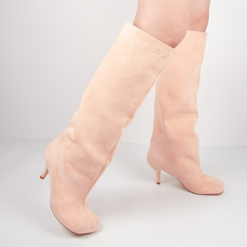 Women Beige Wide Calf Dress Boots Square Toe Slip-On High Heel