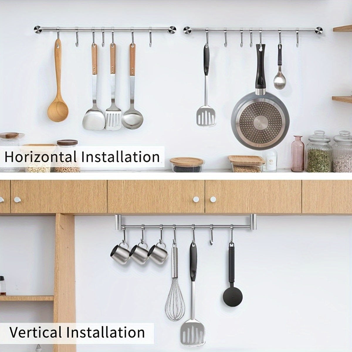 Stainless Steel Wall Mount Utensil Rack with Hooks for Kitchen and Bathroom Storage