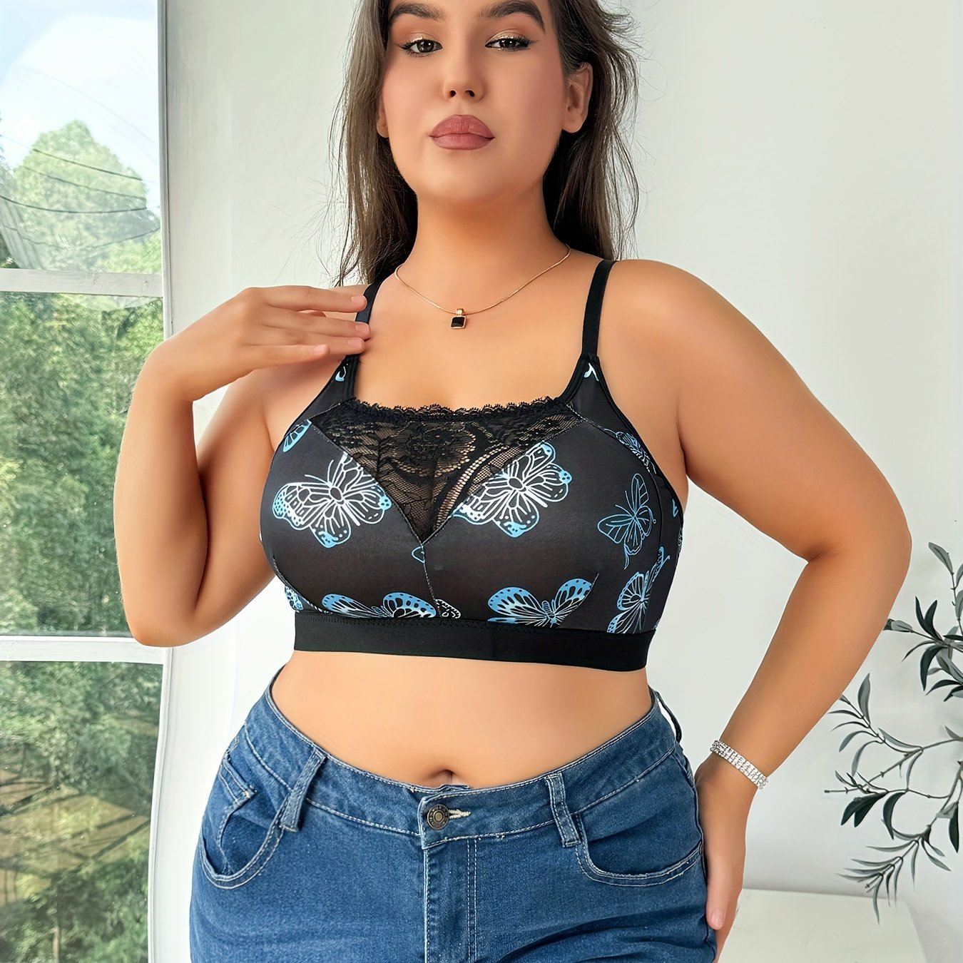 Women's Plus Size Lace Backless Butterfly Print Semi Sheer Bra