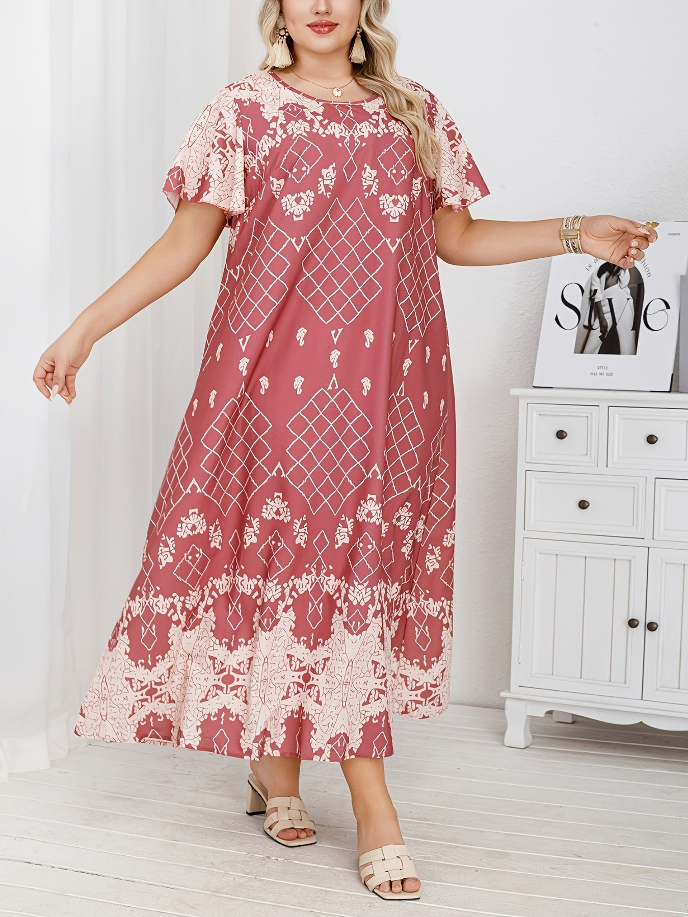 Plus Size Woven Polyester Blend Tunic Dress Crew Neck All-Season Middle Eastern Style