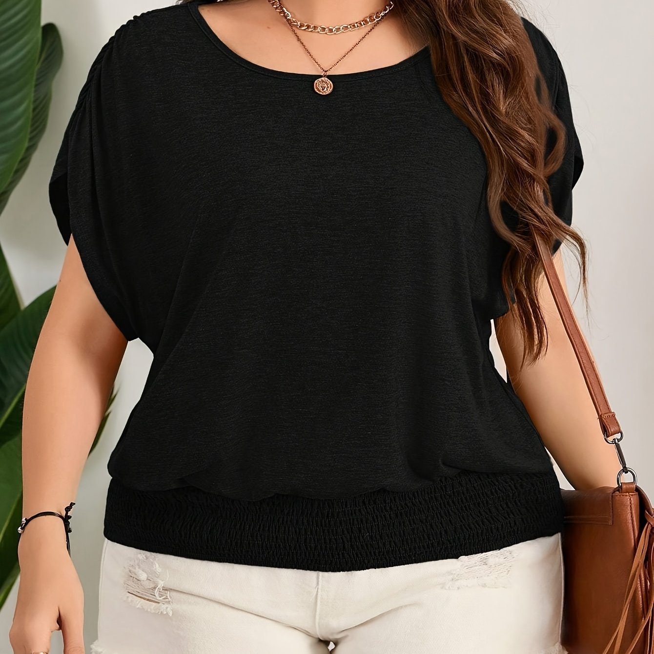 Plus Size Black Ruched T-Shirt for Women Short Sleeve Summer Casual