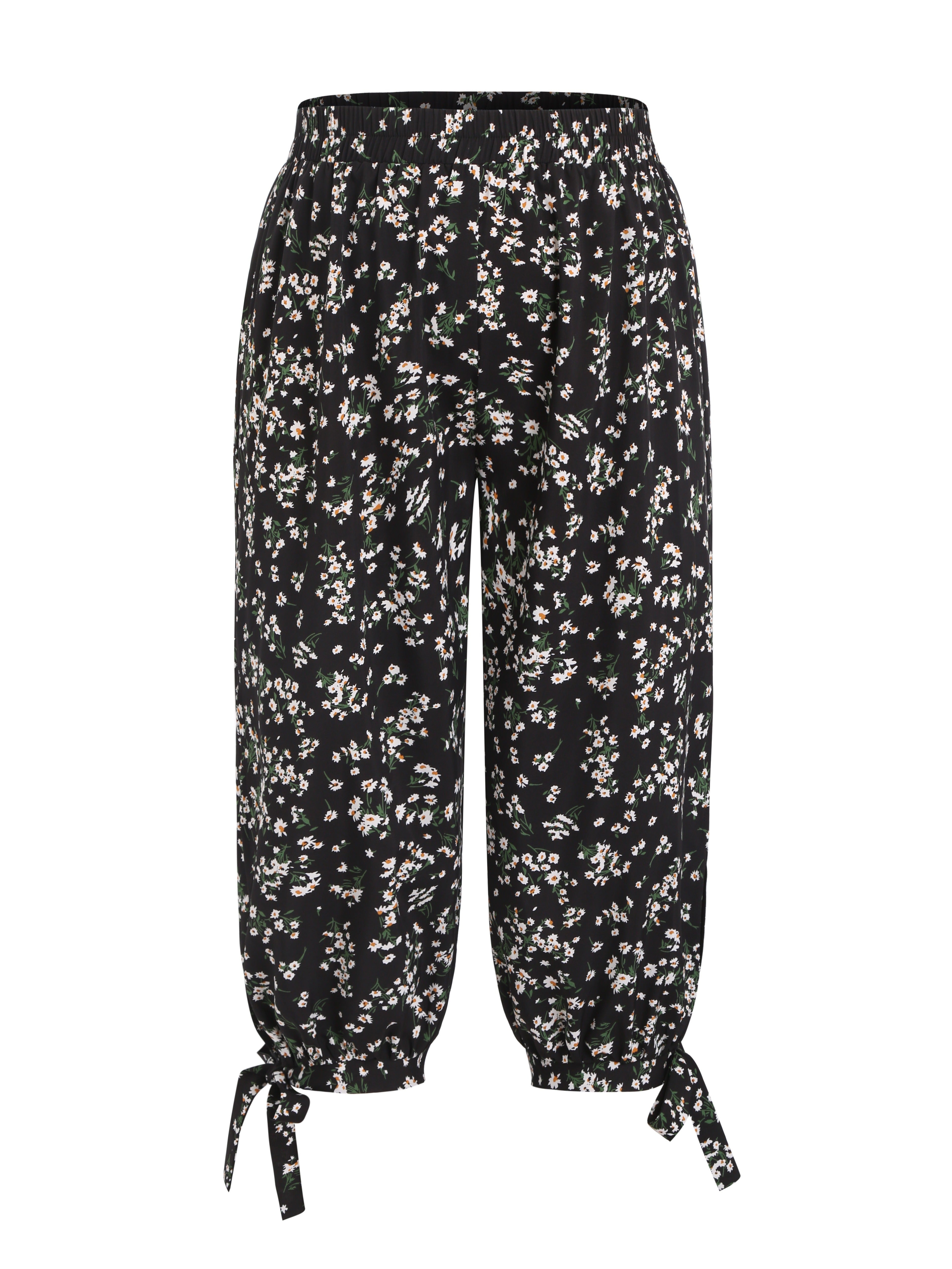 Plus Size Women's Floral Wide Leg Waist-Cinched Split Pants