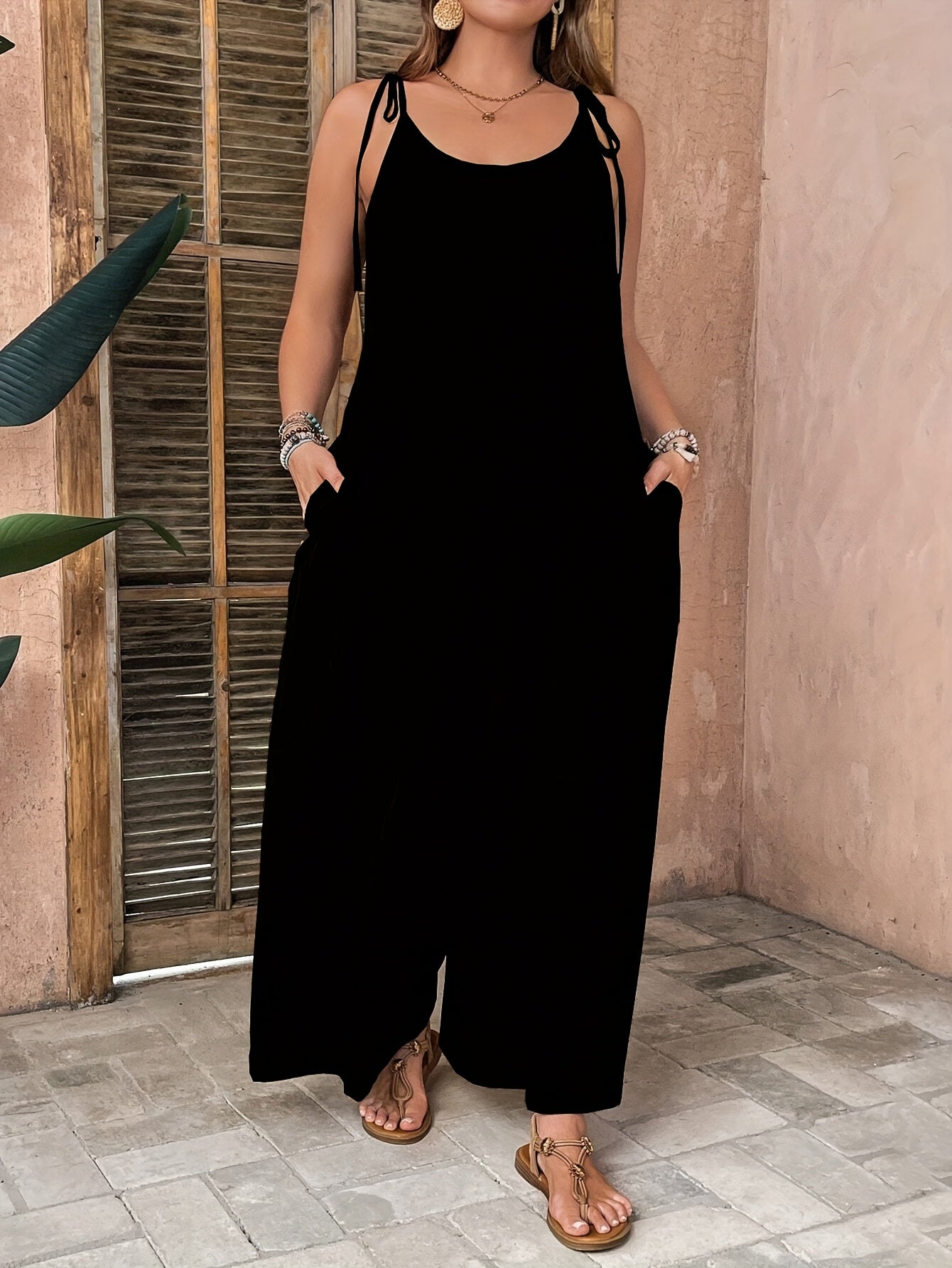 Women's Plus Size Sleeveless Wide-Leg Jumpsuit Polyester Solid Color