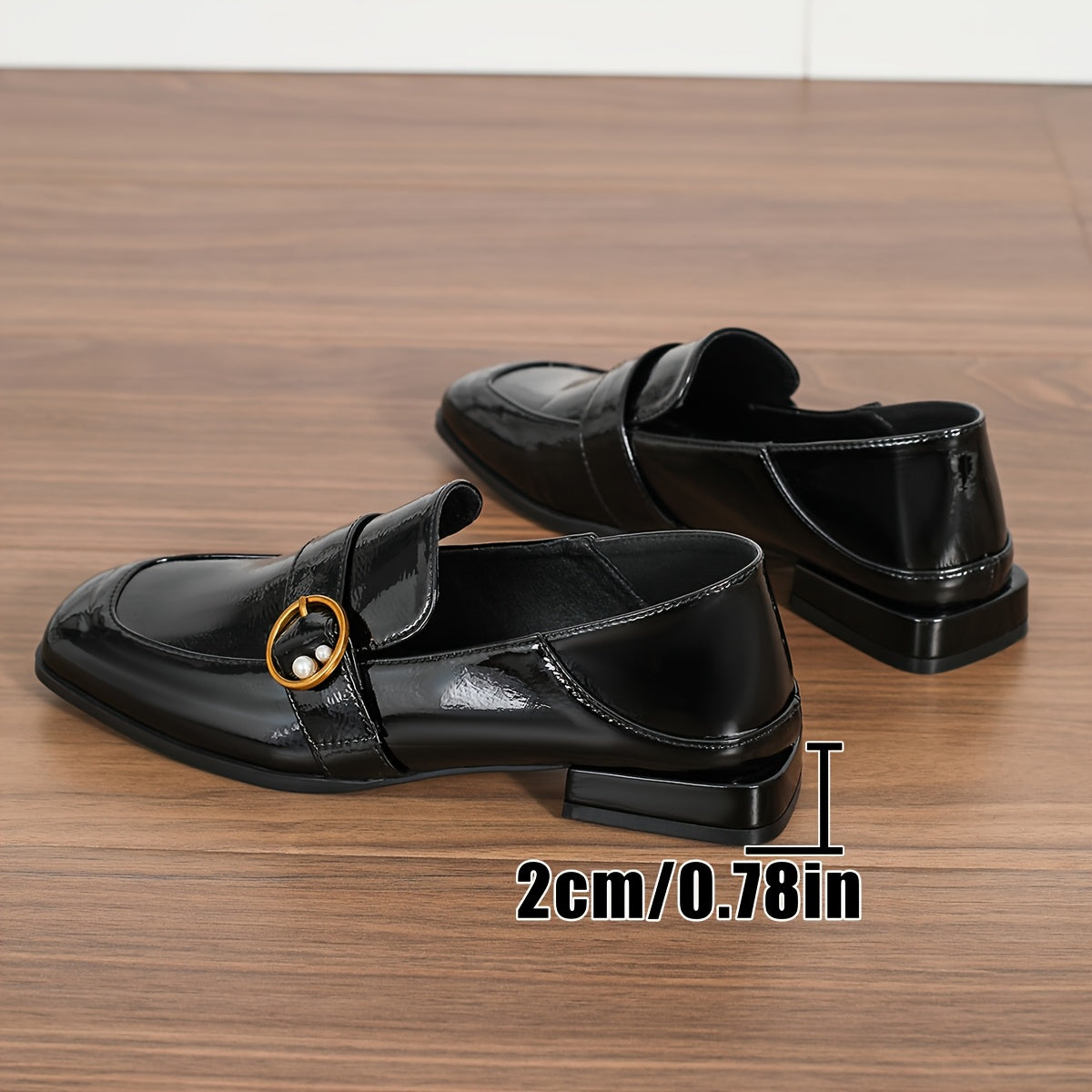 Women's Black Glossy Faux Leather Loafers with Gold Ring Accents