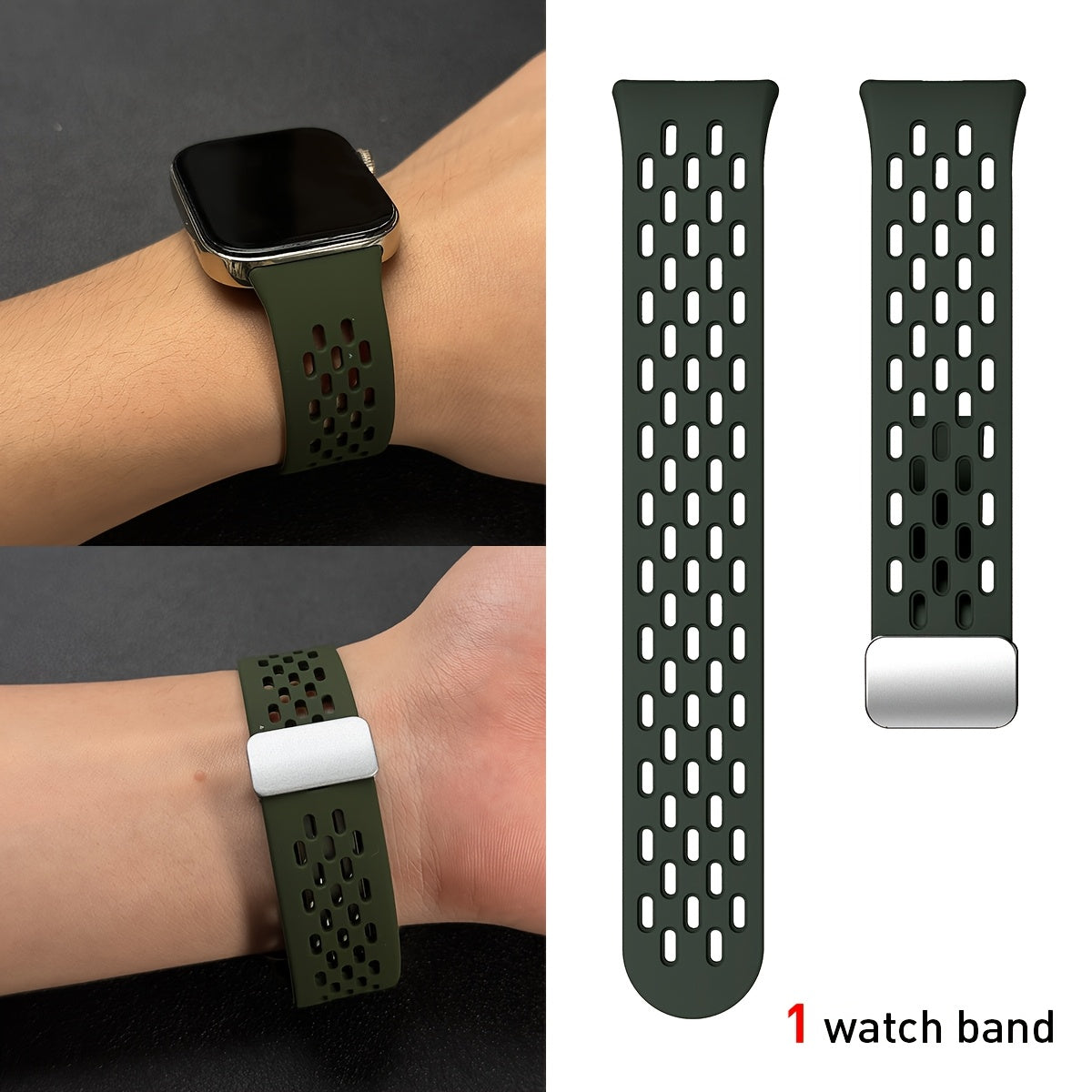 Silicone Watch Strap Breathable Multi-Hole Magnetic Folding for Fitness Tracker