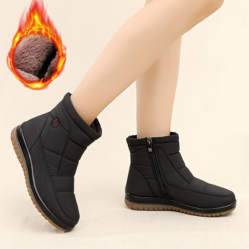 Women's Fleece-Lined Winter Boots - Black Slip-Resistant PU Sole Outdoor