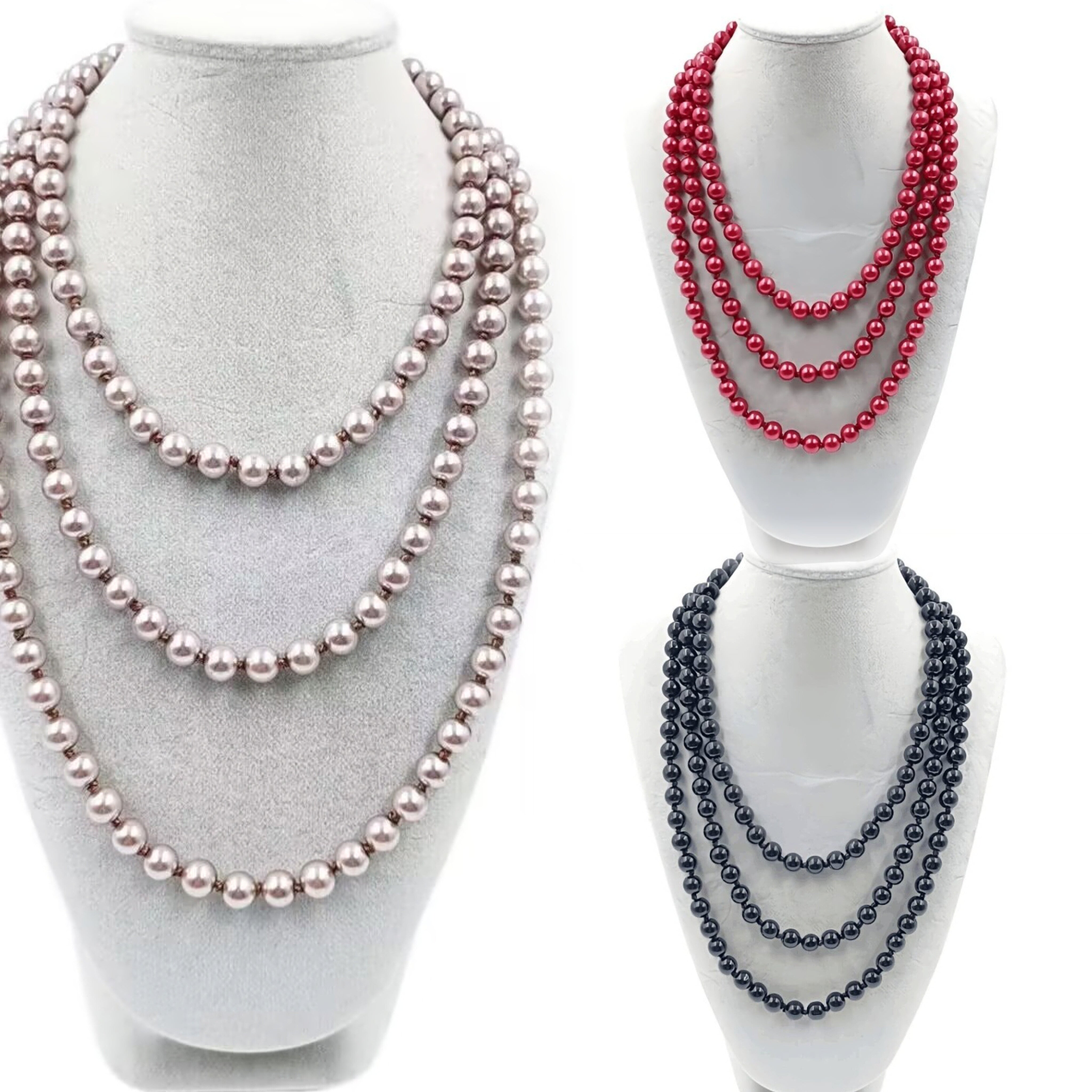 Women’s Multilayer Sweater Chain Necklace with Glass Imitation Pearls 8mm 1.5m