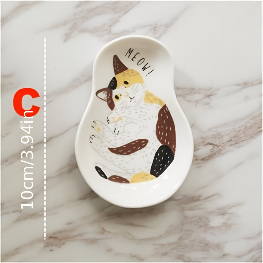 Ceramic Sauce Plate with Kitten Pattern Small Kitchen or Dorm Room Dish