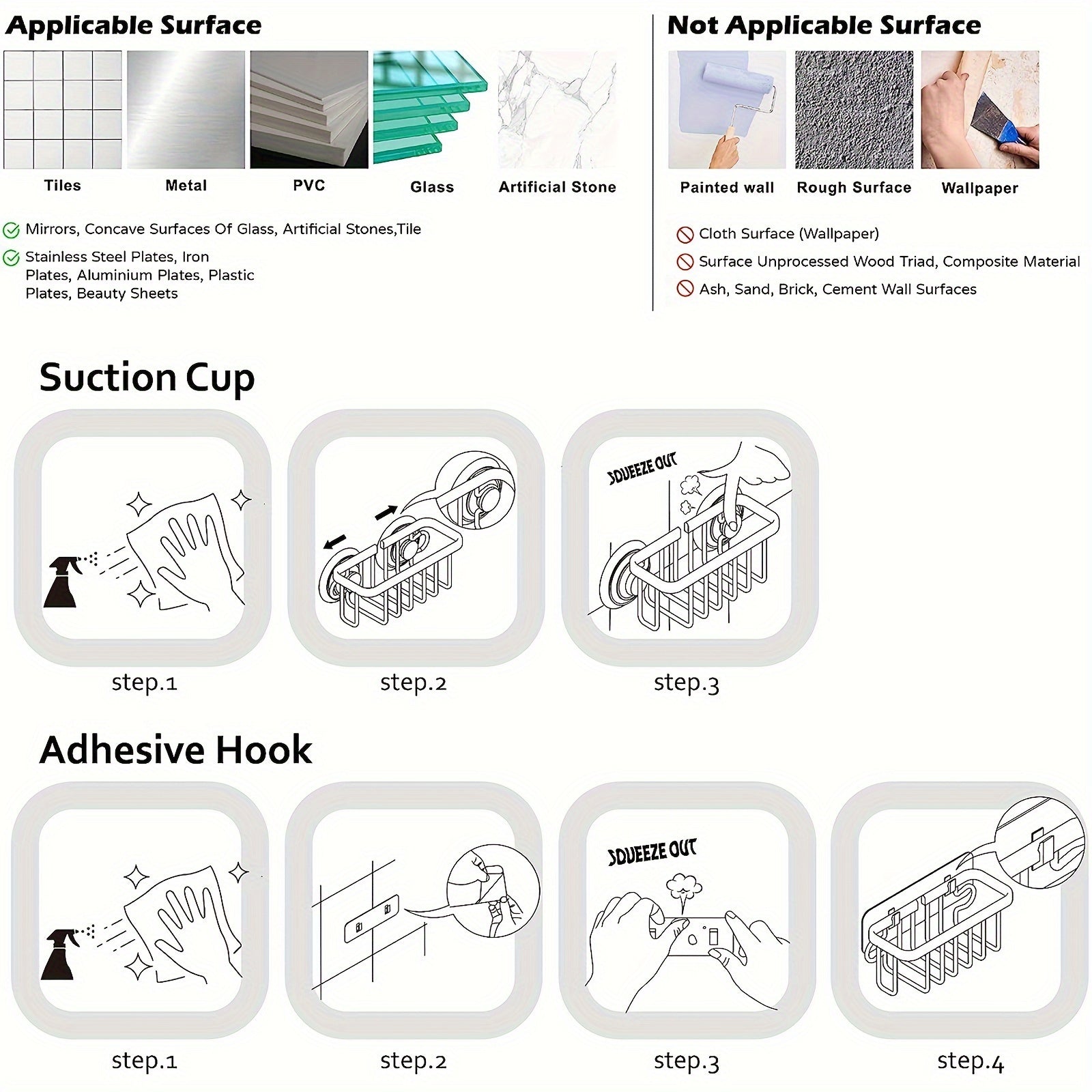 Black Metal Sink Caddy with Suction Cup for Dish Cloth and Sponge Rust-Resistant Kitchen Bathroom Organizer