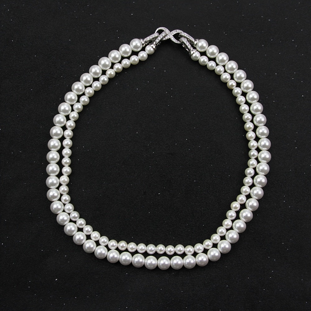 Women's Double Strand Shell Pearl Necklace with Zirconia Inlay and Infinite Clasp