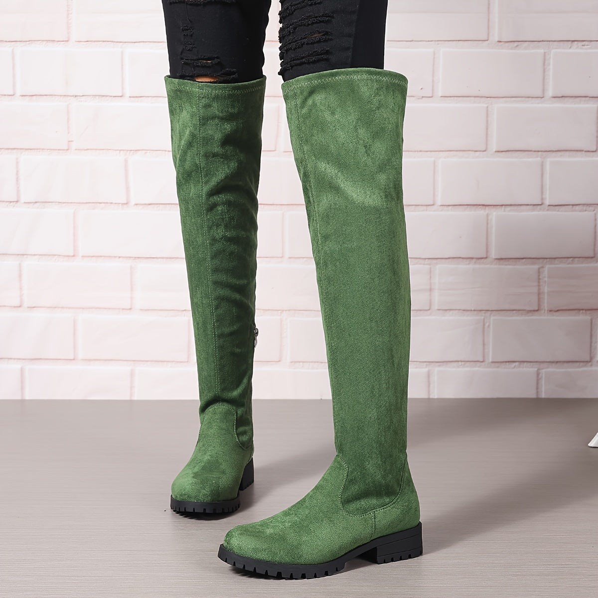 Women's Solid Color Chunky Heel Over The Knee Boots With Side Zipper