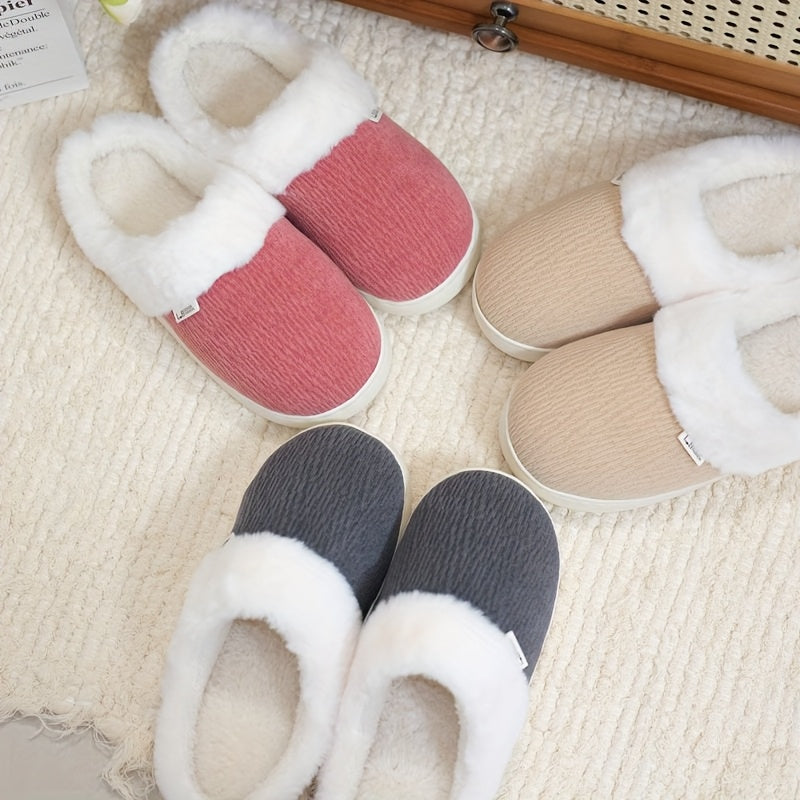 Unisex Fuzzy Slip-On Indoor House Slippers Warm Thick Plush Red Gray Beige