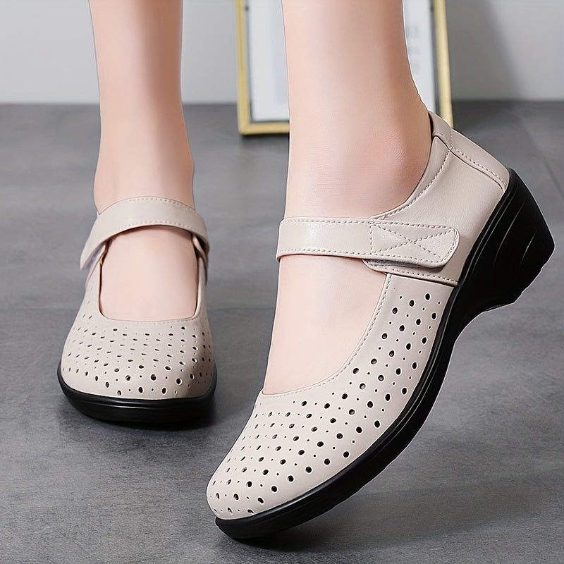 Women's Breathable Wedge Sandals White Perforated Mary Jane Comfort Shoes