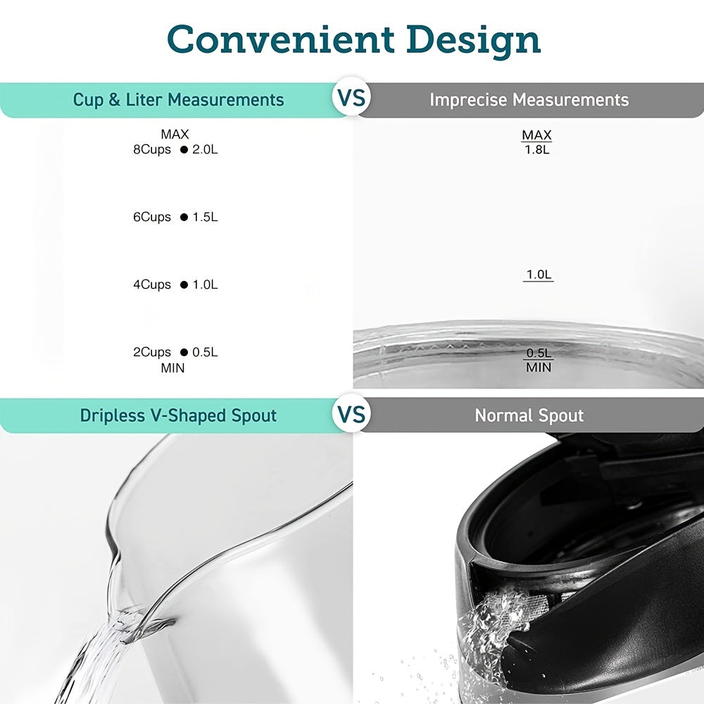 2.0L Elektrik shisha choynak 2200W tez qaynash LED ko'rsatkichi avtomatik o'chirish mat qora