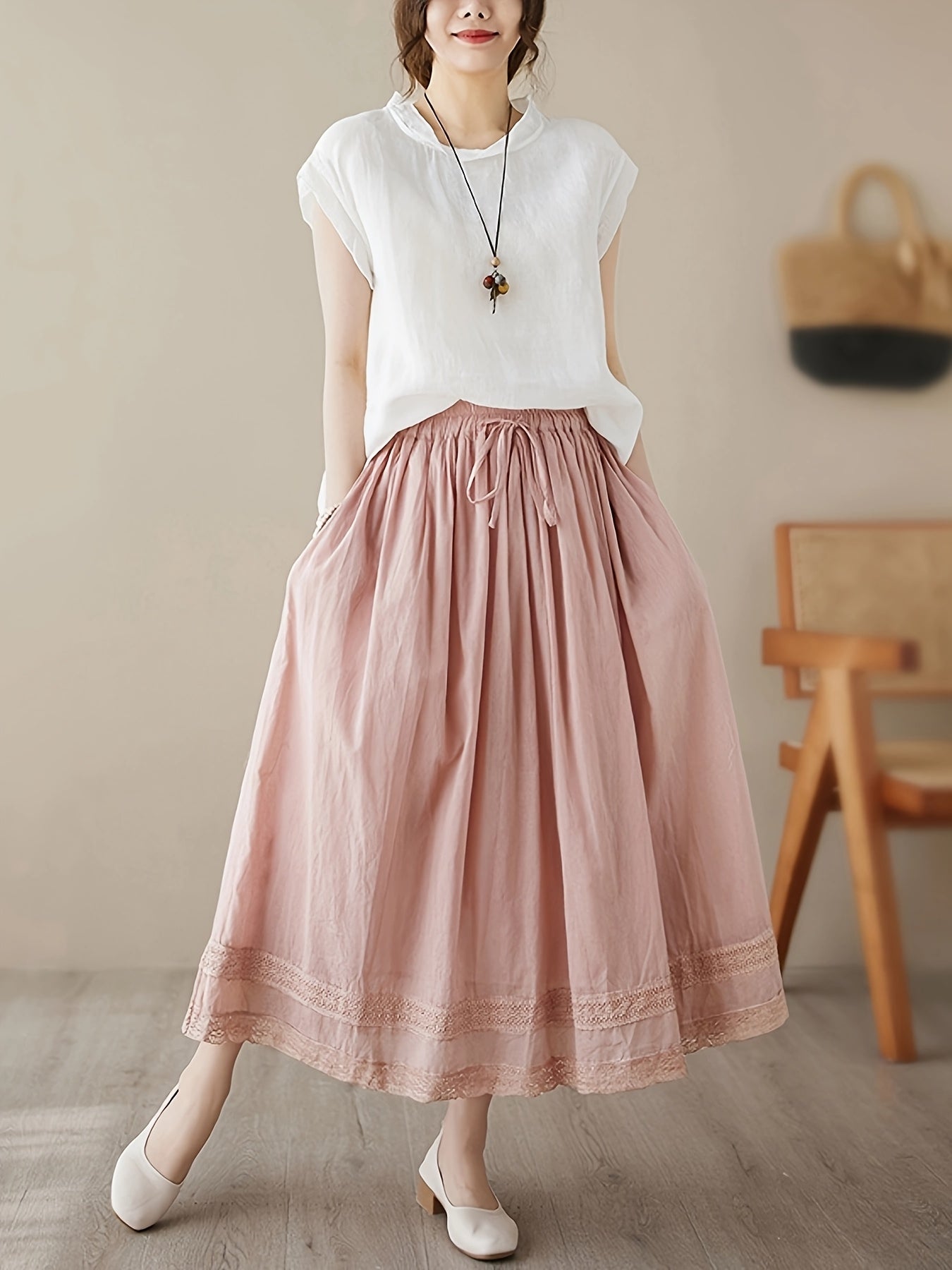 Plus Size Women's Elastic Waist Double Layer Midi Dress Spring Summer