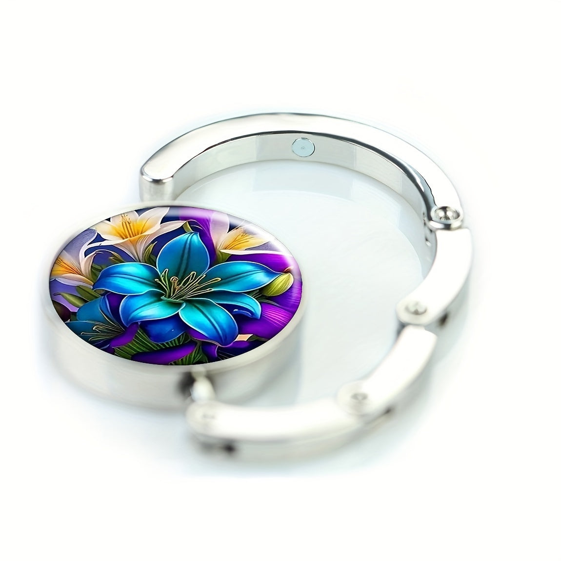 Colgador de bolso de aleación de zinc vintage con patrón de flor de lirio, gancho de bolso plegable, accesorio portátil para mesa