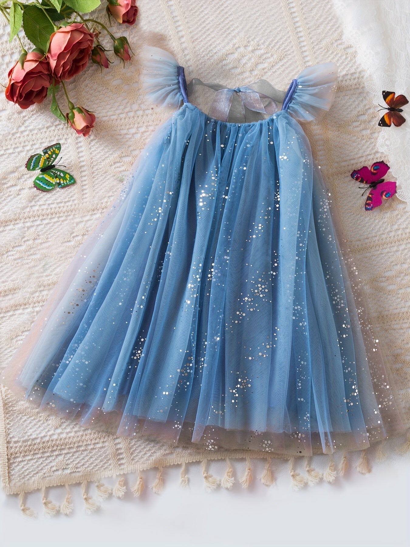 Girls' Summer Starry Sky Tulle Princess Dress with Ruffle Trim for Girls Over 3 Years