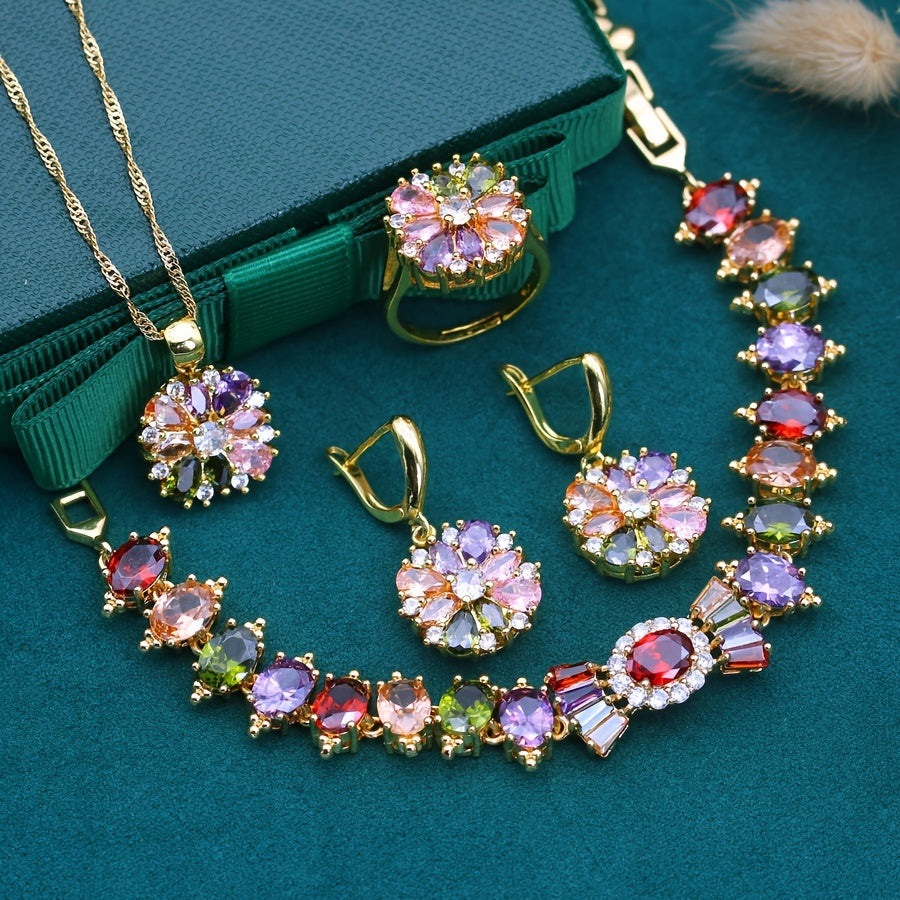 Juego de joyería de 5 piezas con zirconia cúbica chapada en oro para bodas y celebraciones