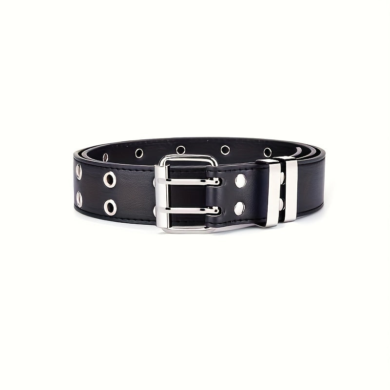 Black Faux Leather Belt with Double Buckle and Metal Chain for Women