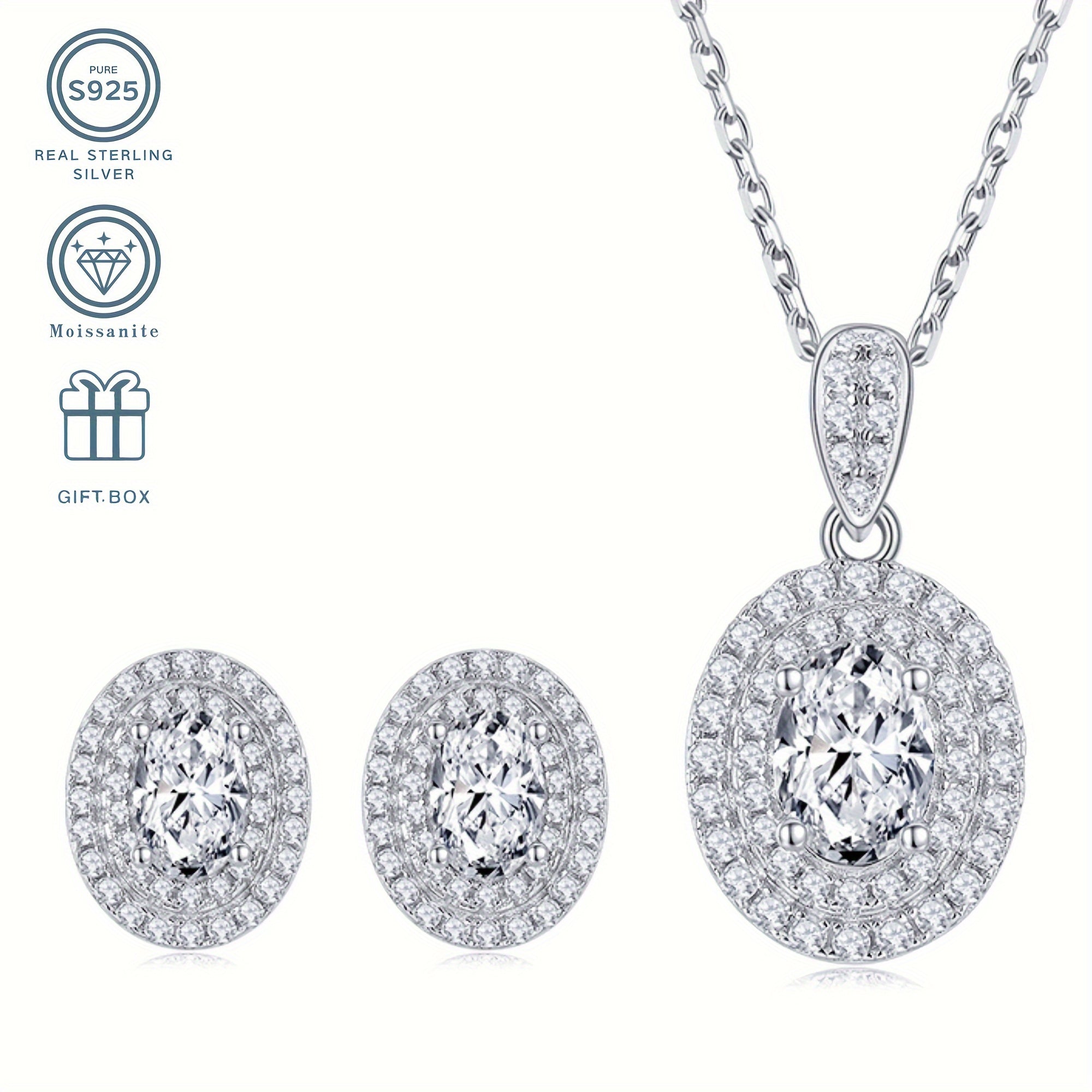 Sterling Silver Moissanite Jewelry Set with Egg-Shaped Pendant and Earrings for Wedding and Daily Wear