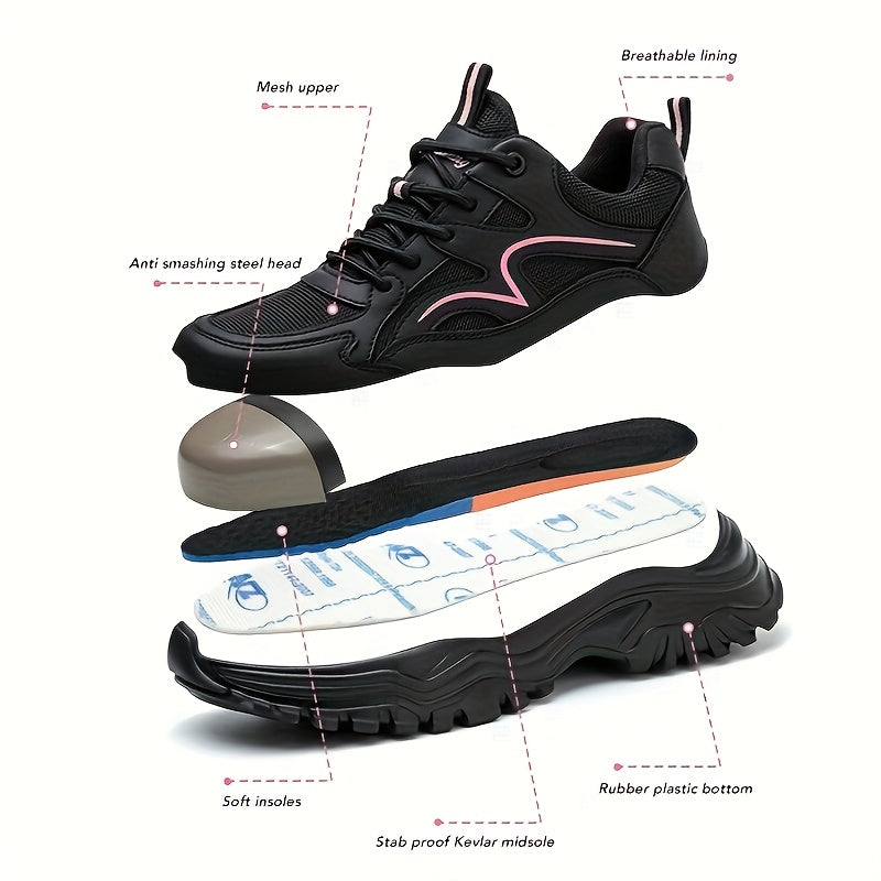 Women’s Lightweight Safety Shoes Black Pink Breathable Anti-Puncture Durable Rubber