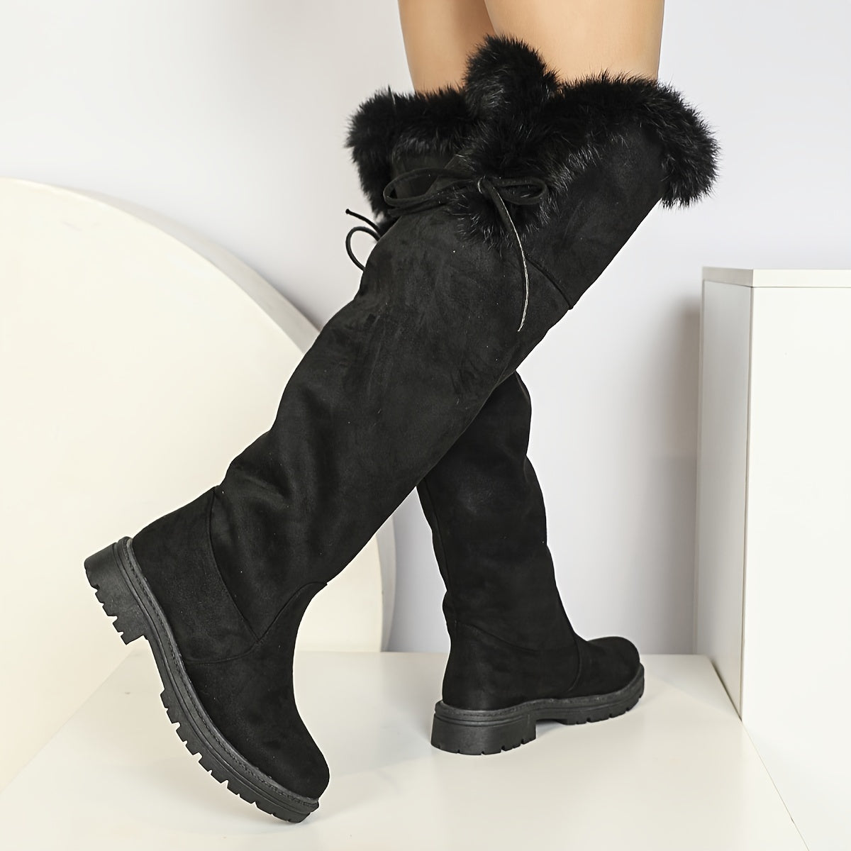 Women's Winter Boots Black Platform Heels Knee-High Slip-On Non-Slip Rubber Sole