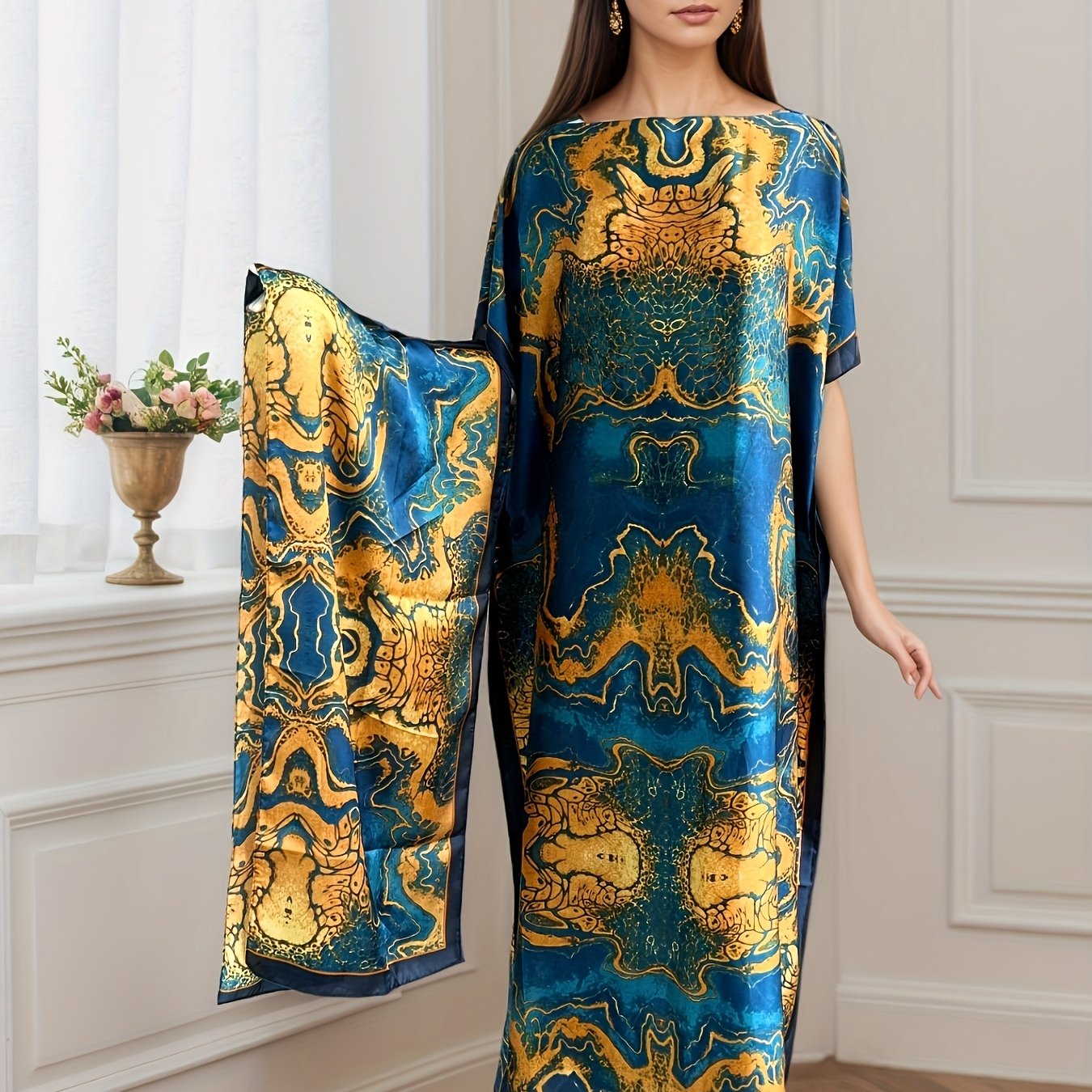 Ayollar uchun kattaroq o'lchamdagi gul bosma batwing ko'krakli maksi kiyim, kundalik va rasmiy, barcha mavsumlar uchun