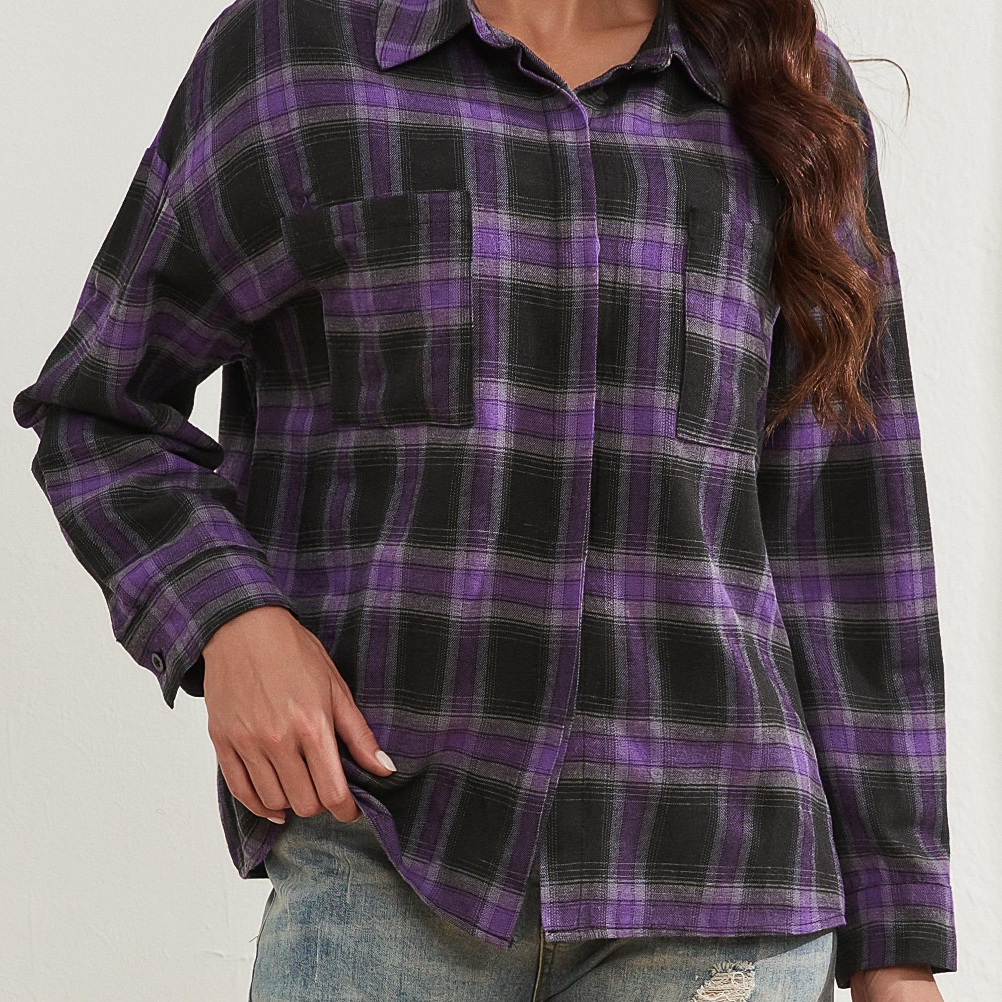 Women's Casual Plaid Long Sleeve Shirt Polyester Spring/Fall Button Collar