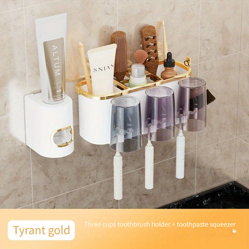 Wall-Mounted Plastic Toothbrush Holder with Toothpaste Squeezer Bathroom Organizer