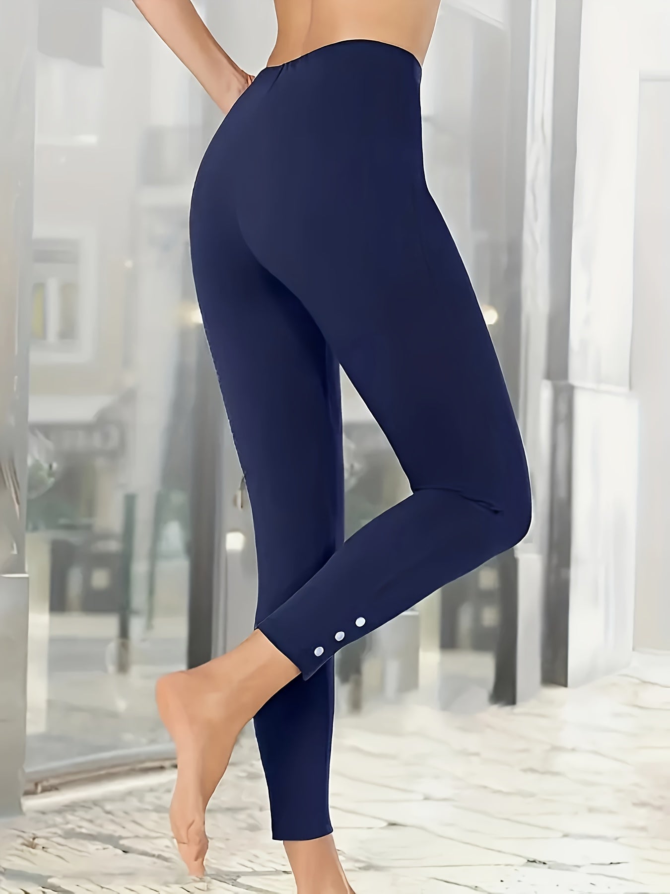 Plus Size Women's Skinny Leggings With Button Decor Casual Stretchy Pants