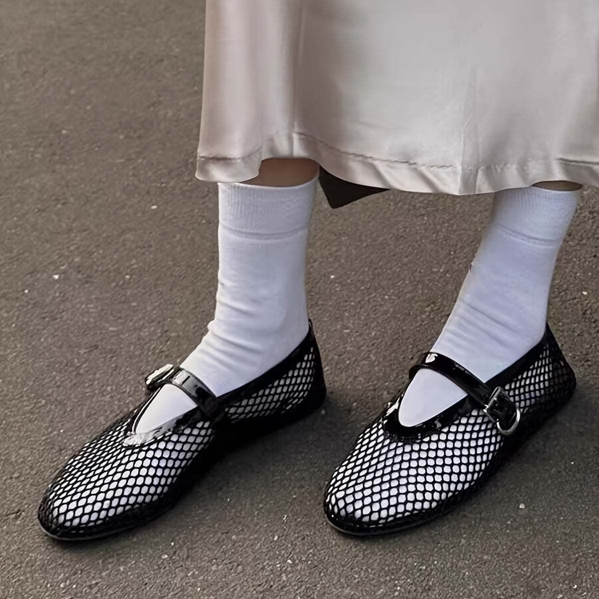 Women's Buckle Strap Flats Black White Mesh Casual Dress Shoe