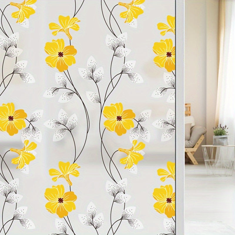Yellow Floral Pattern Static Cling Window Film for Privacy and Home Decor