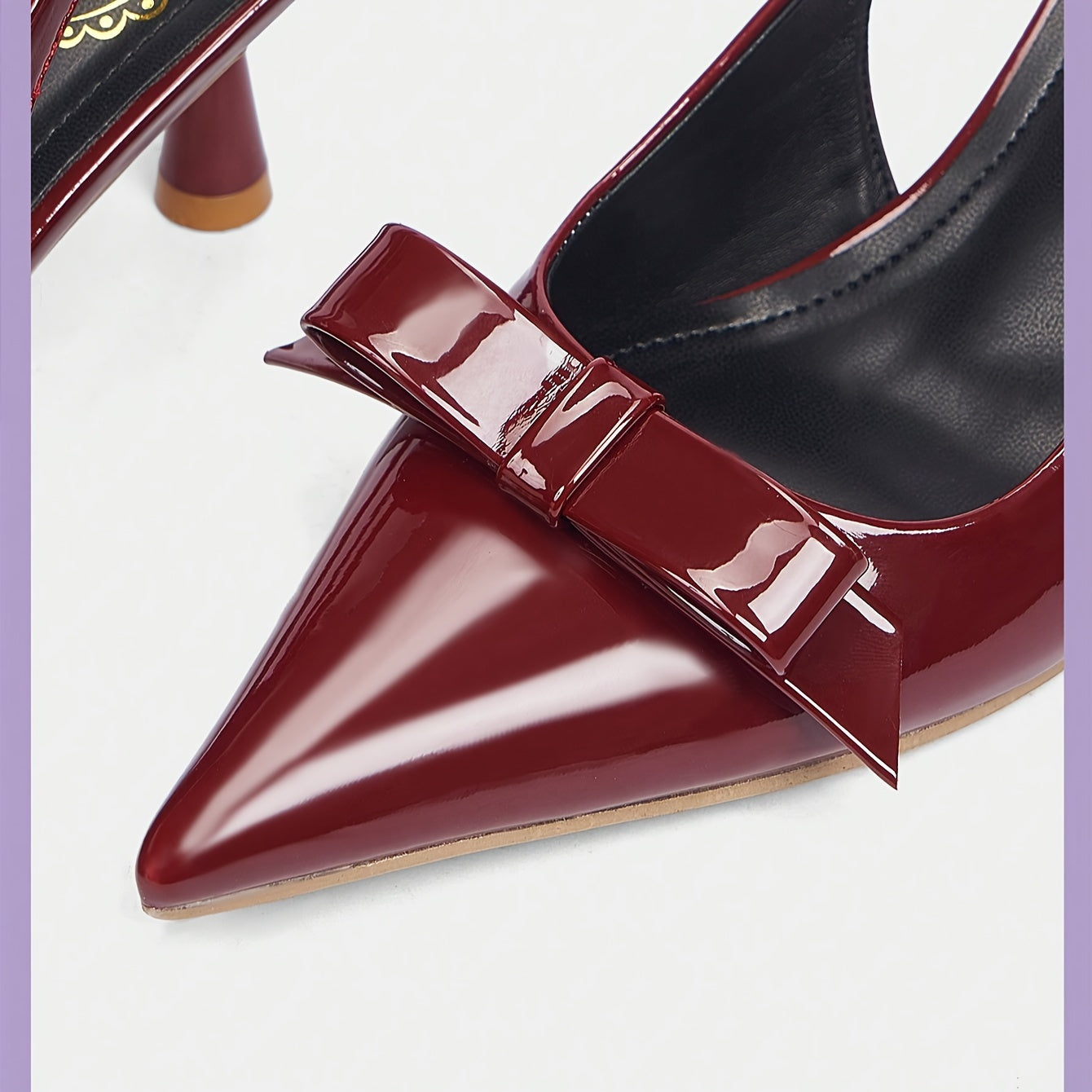 Women's Burgundy Mid-Heel Shoes with Adjustable Bow Straps, Glossy PVC Upper