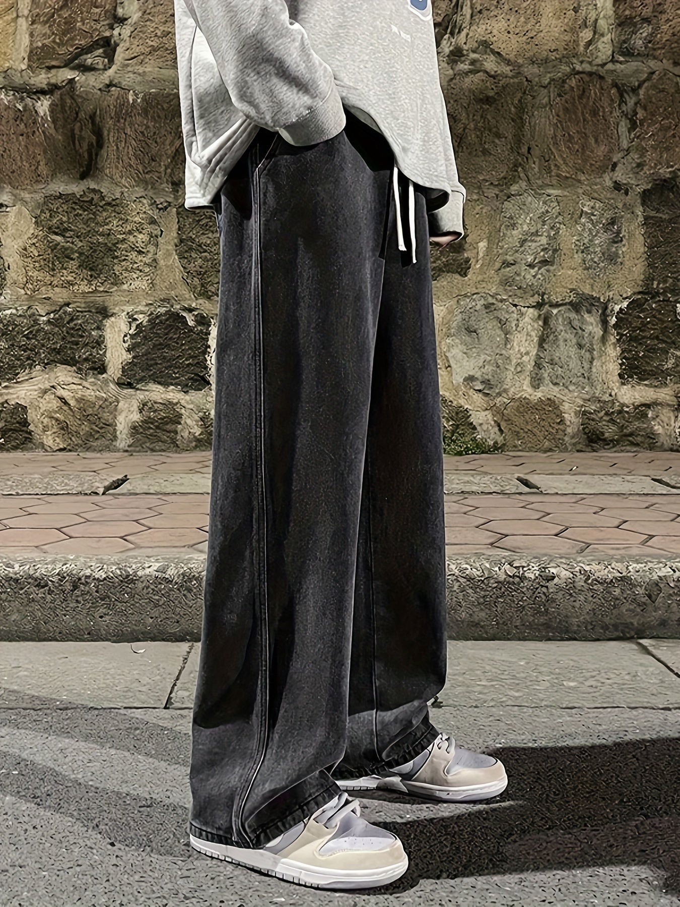 Men's Wide Leg Solid Color Denim Pants Casual Leisure Jeans