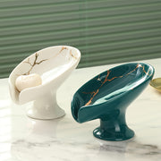 Marble-Patterned Ceramic Leaf-Shaped Soap Dish with Self-Draining Feature