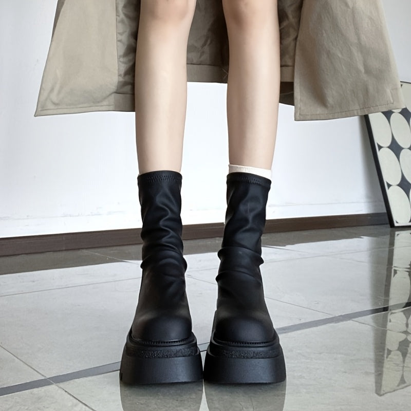 Women's Chunky Platform Ankle Boots Black Slip-Resistant PU Synthetic Closure
