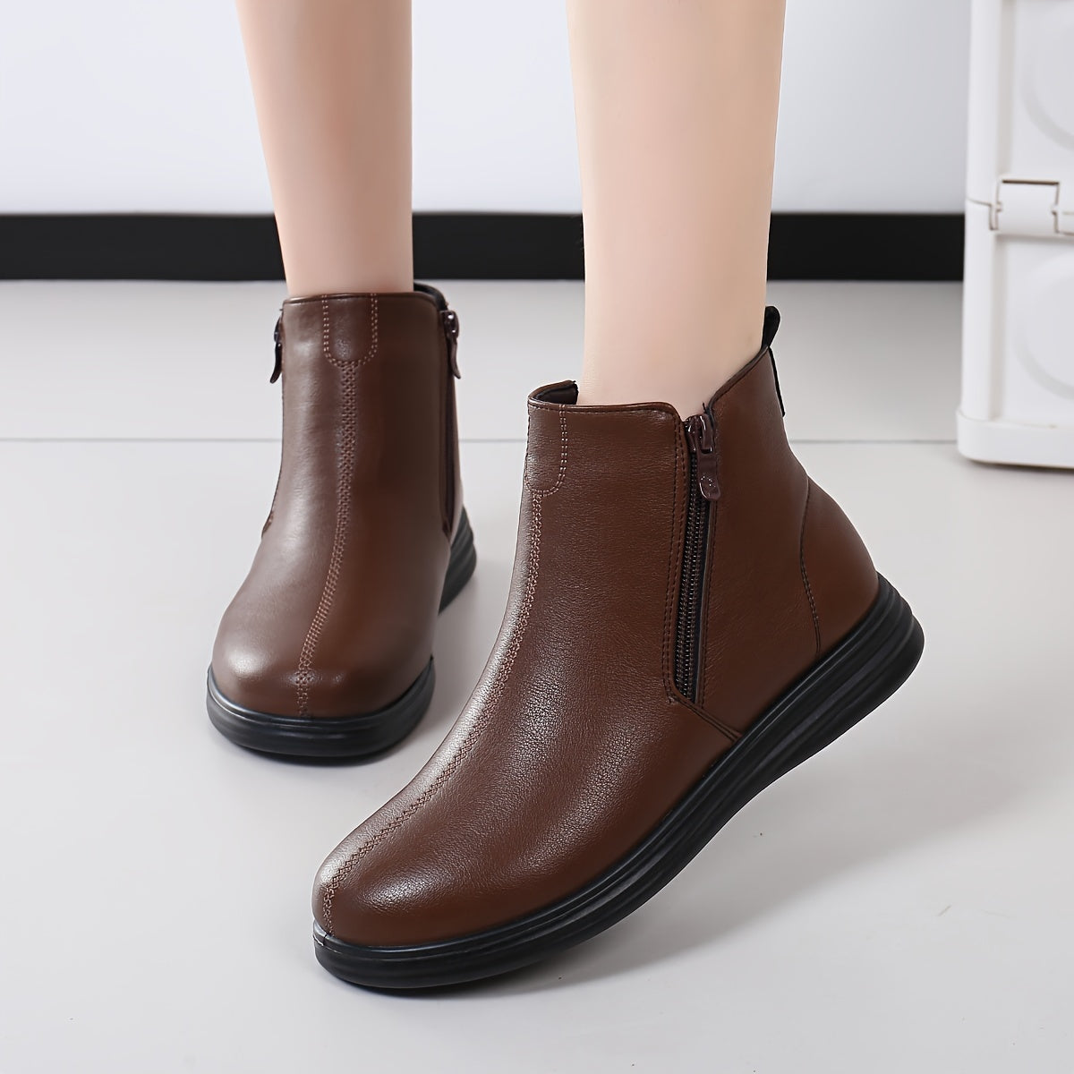 Women's Casual PU Ankle Boots with Zipper, Round Toe, Flat Heel